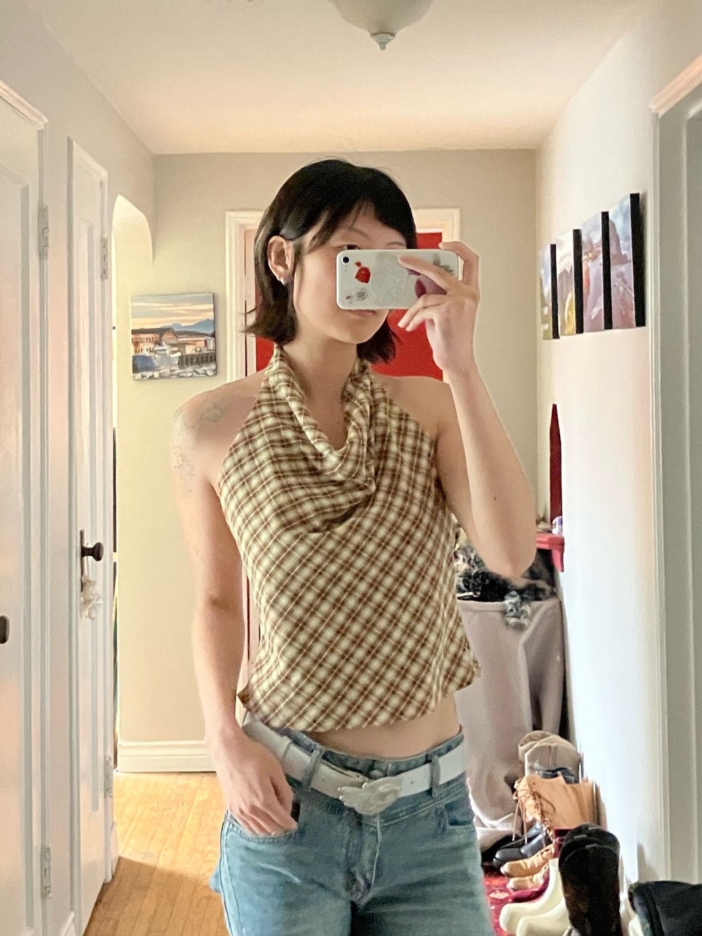 plaid cowl neck backless halter top